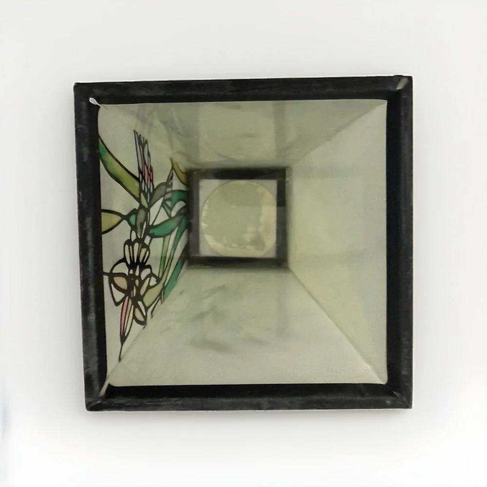 Vintage 70's Rectangular Hand Painted Stained Glass Vase Flowers & Hummingbird
